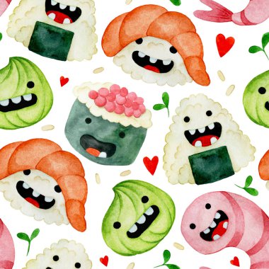 Suluboya kusursuz desen. Tatlı Asyalı yemek karakterlerinin çizimi. Komik anigiri, suşi, börek. Japon yemeği.