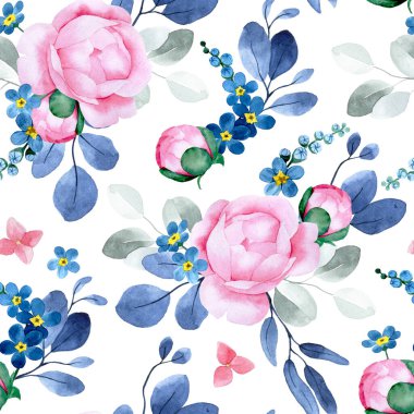 Kaliteli şakayık çiçekleri ve okaliptüs yapraklarıyla sulu boya deseni