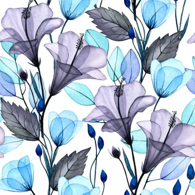 Şeffaf çiçek desenli suluboya desen. Gri, mavi çiçekli ve yapraklı hassas baskı. x ışını