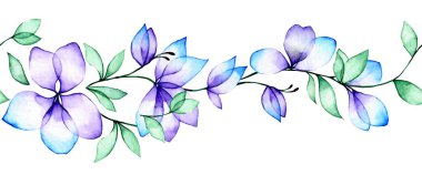 Suluboya çizim. Soyut şeffaf çiçek ve yaprakların kusursuz sınırı. mavi ve mor çiçekler