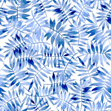 Tropikal palmiye yapraklarıyla sulu boya deseni. Beyaz arkaplanda mavi yapraklı soyut baskı