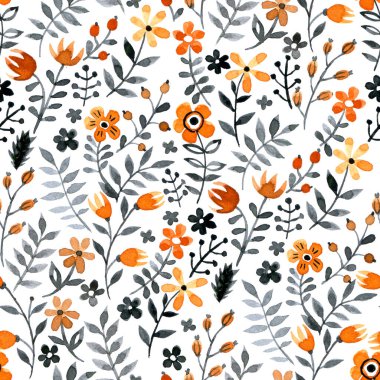 Çiçek desenli, soyut çiçekli ve yapraklı. küçük turuncu çiçeklerle yazdır