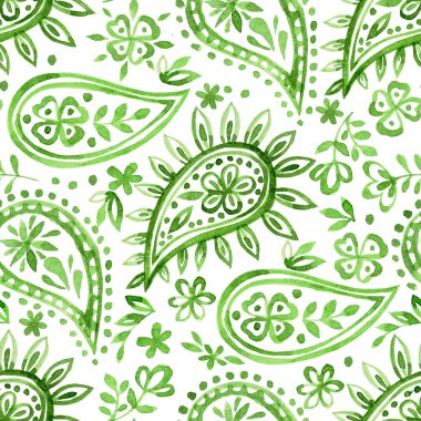 Beyaz arkaplanda yeşil renkte doğu desenli sulu boya deseni