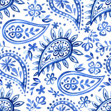 Beyaz arkaplanda mavi desenli sulu boya deseni