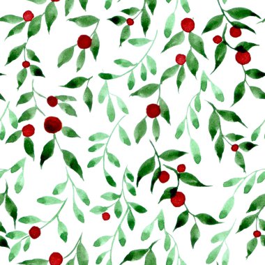 Suluboya desenli, küçük desenli. Beyaz arka planda kırmızı böğürtlen ve yapraklar. Klasik baskı, Noel.