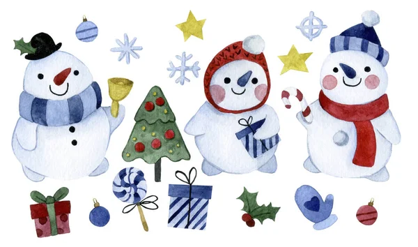 Dibujo Acuarela Lindo Conjunto Navidad Con Muñecos Nieve Personajes Dibujos —  Fotos de Stock