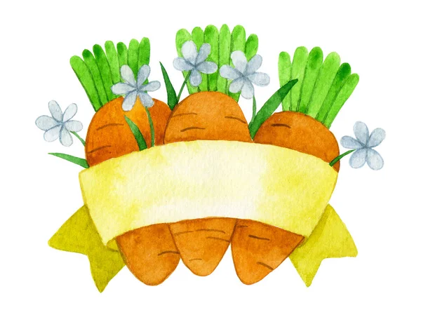Dibujo Acuarela Postal Decoración Para Pascua Cinta Vintage Zanahorias Flores — Foto de Stock