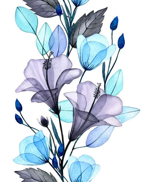 Aquarel Naadloze Rand Met Transparante Hibiscus Bloemen Delicate Print Met — Stockfoto