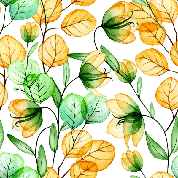Bezszwowy Wzór Akwareli Jesienny Nadruk Przezroczystych Kwiatów Liści Eukaliptusa Żółte — Zdjęcie stockowe