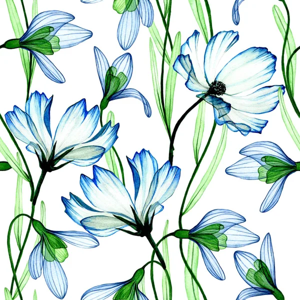 Dibujo Acuarela Patrón Sin Costuras Impresión Flores Transparentes Flores Color —  Fotos de Stock