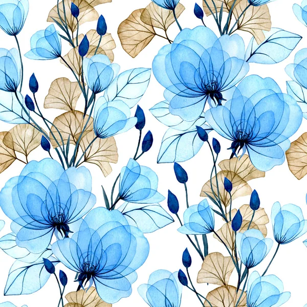 watercolor illustration. seamless pattern of transparent flowers. blue flowers and ginkgo leaves. delicate drawing, print, x-ray