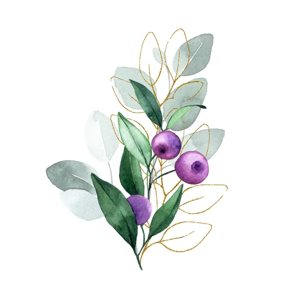 Akvarel Kresba Kytice Květin Listů Eukalyptu Zlatými Prvky — Stock fotografie