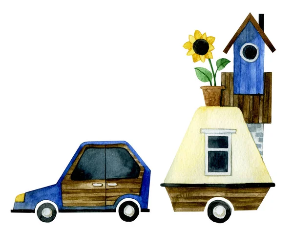Rysunek Akwareli Samochód Dachu Słodkie Dzieci Ilustracja Temat Podróży Ruchu — Zdjęcie stockowe