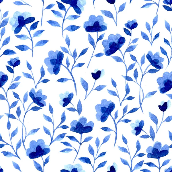 Akvarell Sömlöst Mönster Med Blå Blommor Små Vilda Blommor Vit — Stockfoto
