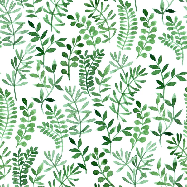 Watercolor Seamless Pattern Abstract Green Leaves Greenery White Background — Stock Photo, Image