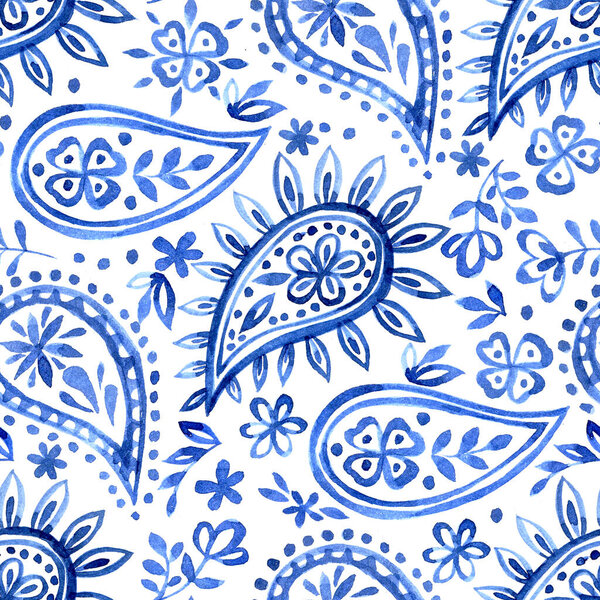 watercolor seamless pattern with oriental paisley in blue color on a white background