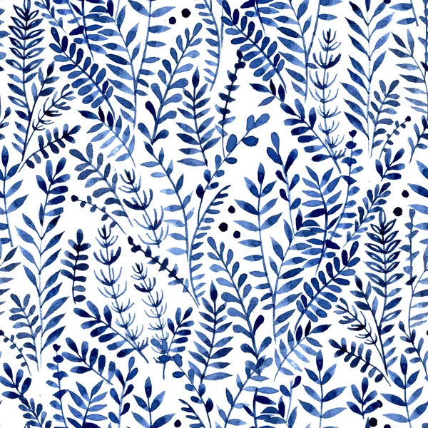 watercolor seamless pattern with blue leaves and wild herbs. airy delicate print on white background