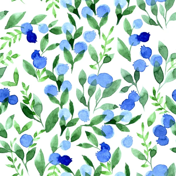 Akvarell Sömlös Mönster Med Blå Blåbär Och Gröna Blad Vit — Stockfoto