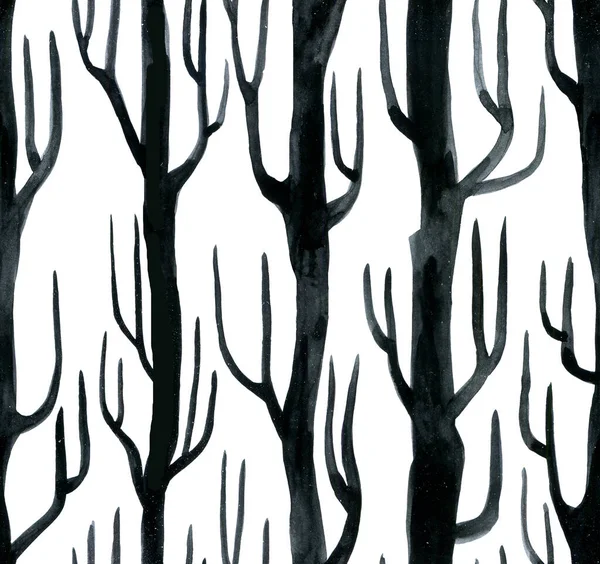 Naadloos Patroon Met Silhouetten Van Bomen Bossen Zwart Wit Grafische — Stockfoto