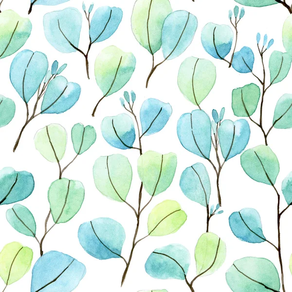 Watercolor Seamless Pattern Colorful Eucalyptus Leaves Airy Delicate Print White — Stock Photo, Image