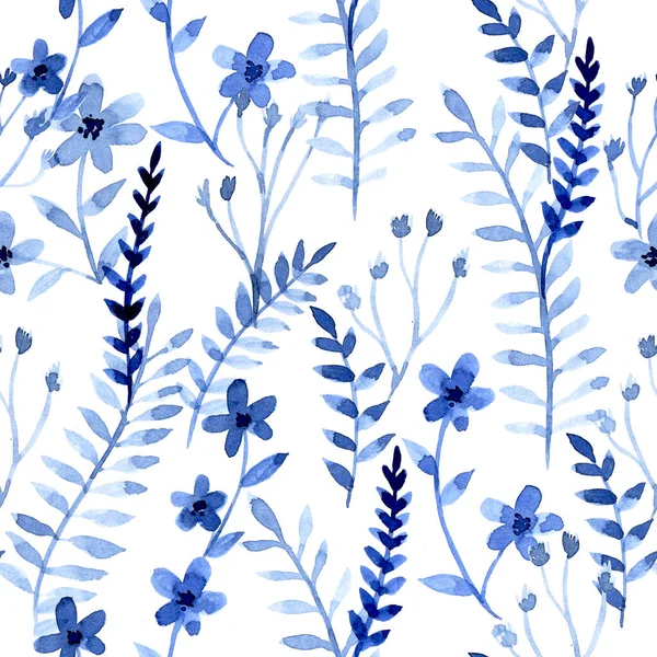 watercolor seamless pattern with blue leaves and wild flowers. airy delicate print on white background