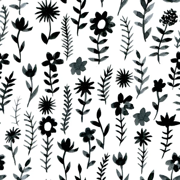 Set Mit Einfachen Kritzelblumen Und Blättern Schwarz Weiß Zeichnung Blütenkleckse — Stockfoto