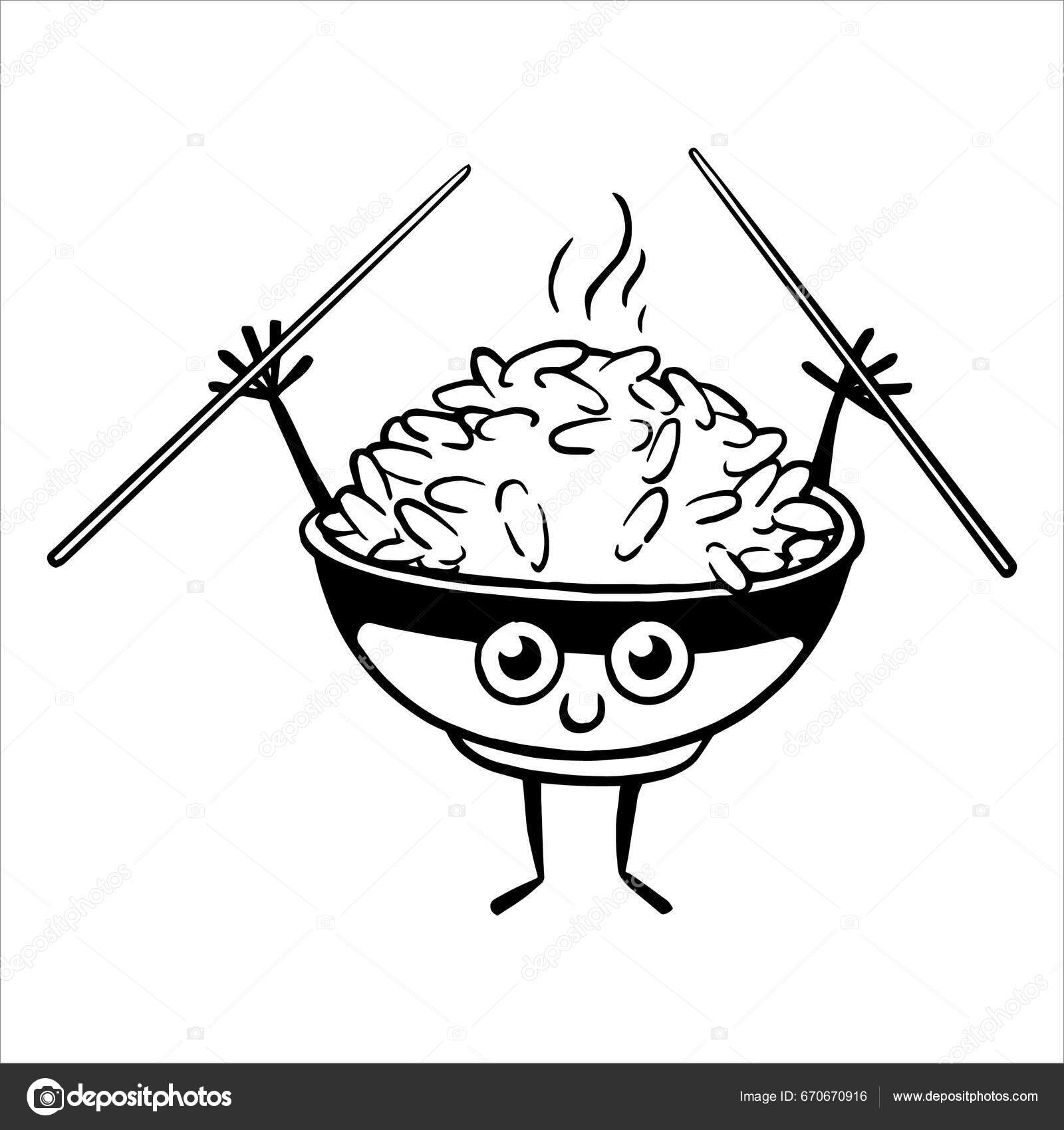 Cute Drawing Doodle Style Character Plate Rice Chinese Chopsticks Asian
