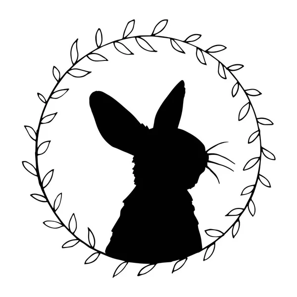Vector Drawing Vintage Frame Easter Bunny Silhouette Minimalistic Design Wreaths — Stock Vector