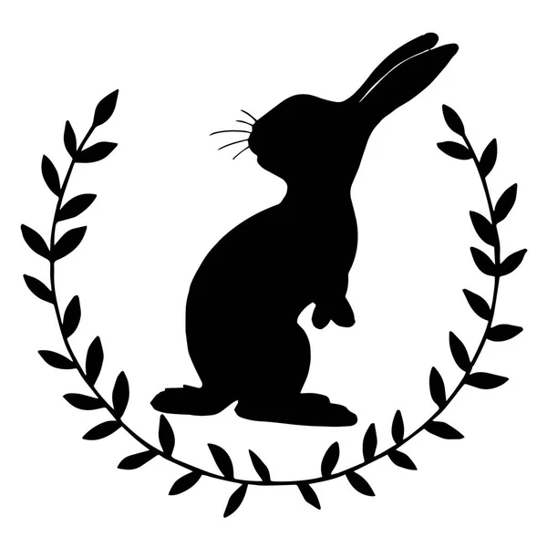 부활절 실루엣과 빈티지 프레임 미니멀리즘 디자인 가지의 화환과 토끼의 실루엣 — 스톡 벡터