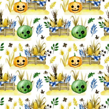 Cadılar bayramı temasında kusursuz suluboya deseni. Balkabaklı hoş bir klasik baskı, şükran günü, sonbahar.