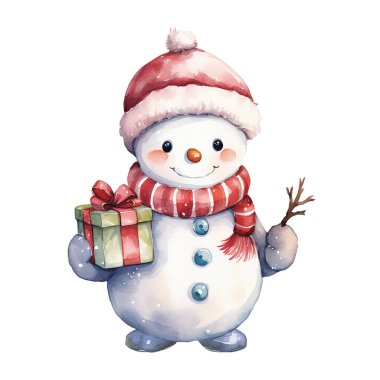 Kırmızı şapkalı şirin bir kardan adamın suluboya çizimi ve Noel hediyesi. Noel teması, yeni yıl.