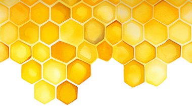 Kusursuz bir arka plan, bal peteği sınırı. Sarı bal peteği suluboya el çizimi. Beyaz arka planda izole edilmiş. Tasarım için desen, afiş, yazı için yer. Şirin çizim çiftliği, arı