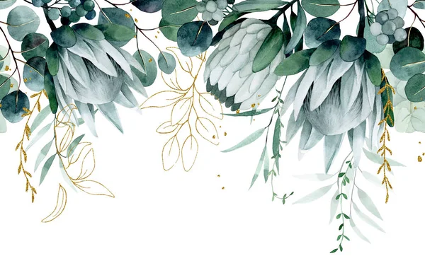 Aquareltekening Naadloze Rand Met Tropische Bloemen Bladeren Protea Bloemen Eucalyptus — Stockfoto