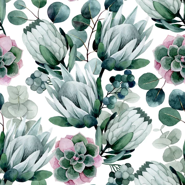 Rysunek Akwareli Bezproblemowy Wzór Tropikalnych Kwiatów Liści Protea Kwiaty Eukaliptusa — Zdjęcie stockowe