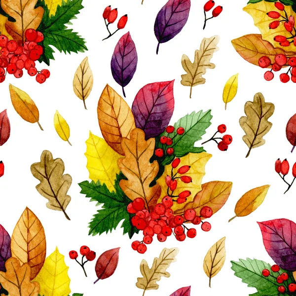 watercolor drawing. seamless pattern with autumn dry leaves and berries. yellow and red leaves, autumn bouquet
