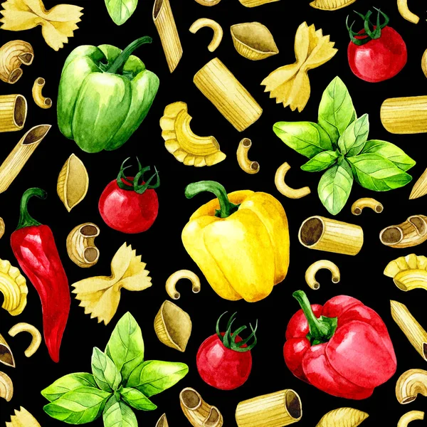 Акварельний Малюнок Безшовний Візерунок Італійської Пасти Овочами Болгарський Перець Базилік — стокове фото