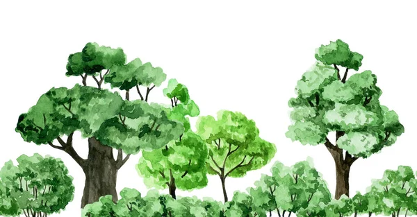 Borda Sem Costura Aquarela Árvores Verdes Arbustos Quadro Floresta Impressão — Fotografia de Stock