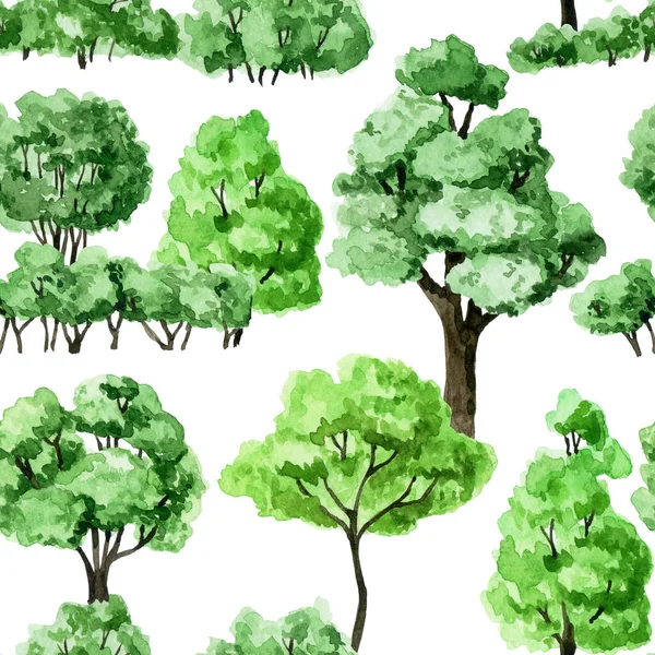 Yeşil Ağaçların Çalıların Dikişsiz Desenleri Suluboya Orman Bahçe Baskısı — Stok fotoğraf