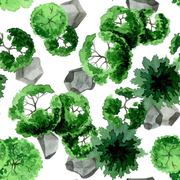 Безшовний Акварельний Візерунок Зеленого Дерева Вид Зверху Камені Ландшафтного Плану — стокове фото