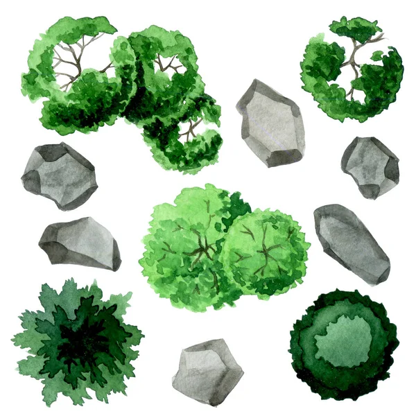Acuarela Árbol Verde Vista Superior Piedras Para Plano Diseño Del — Foto de Stock