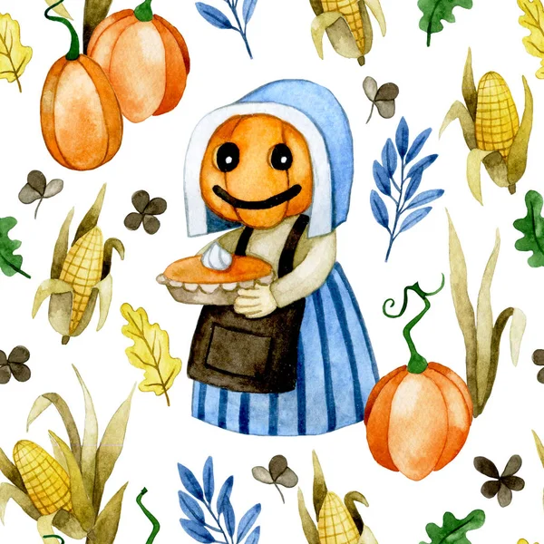 Seamless Watercolor Pattern Theme Halloween Cute Vintage Print Pumpkins Thanksgiving — Stock Photo, Image