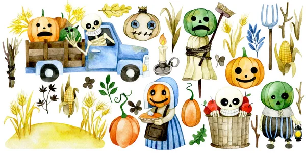 Akvarell Rajz Nagy Készlet Aranyos Karakterek Elemek Halloween Nyaralás Dekoráció — Stock Fotó