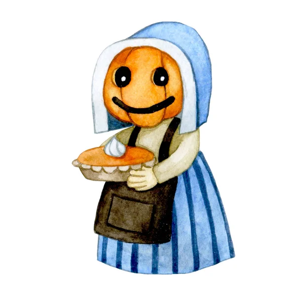 Akvarell Aranyos Rajz Halloween Karakter Tökfejjel Sütőtök Pitével Évjárat Tündérrajz — Stock Fotó