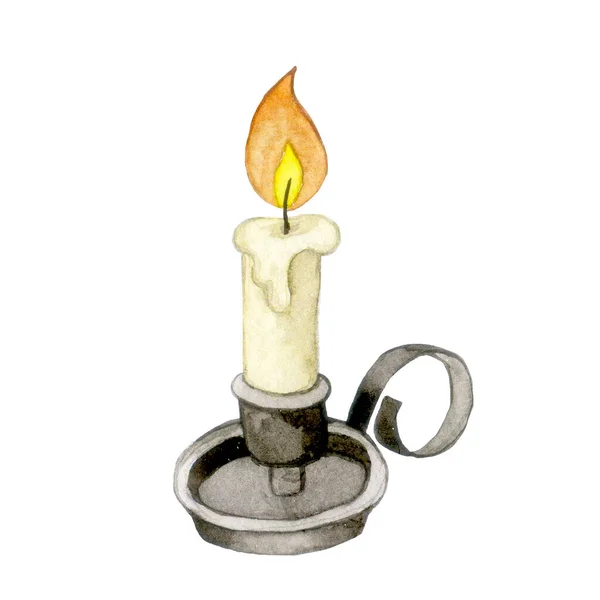 Rysunek Akwareli Płonąca Świeca Zabytkowym Świeczniku Styl Retro Ilustracja Baśni — Zdjęcie stockowe