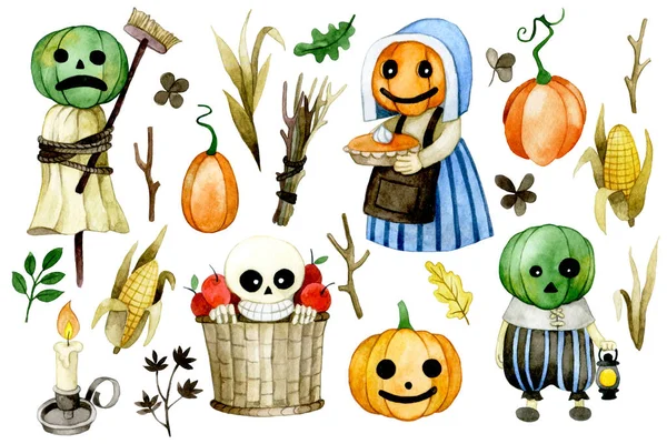 Rysunek Akwareli Zestaw Uroczych Postaci Elementów Halloween Dekoracja Wakacyjna Dla — Zdjęcie stockowe