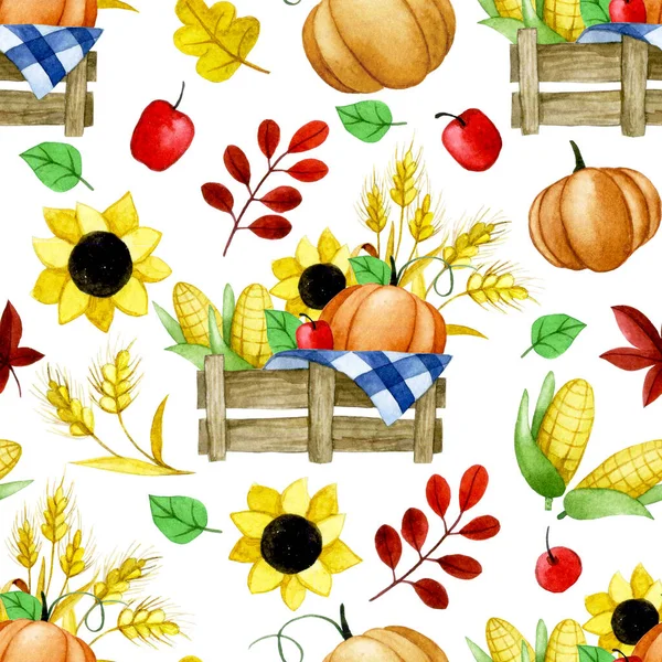 thanksgiving watercolor seamless pattern, harvest day. cute print with pumpkins, sunflower in vintage style. farming