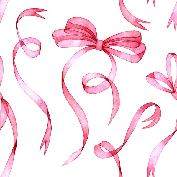 watercolor seamless pattern with transparent pink ribbons and bows. holiday print on white background