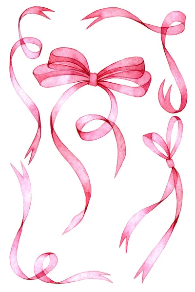 Акварельный Рисунок Набор Прозрачных Лент Бантов Розового Цвета Коллекция Праздничных — стоковое фото