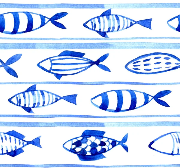 Акварель Бесшовный Узор Рыбой Детский Рисунок Голубой Рыбы Белом Фоне — стоковое фото