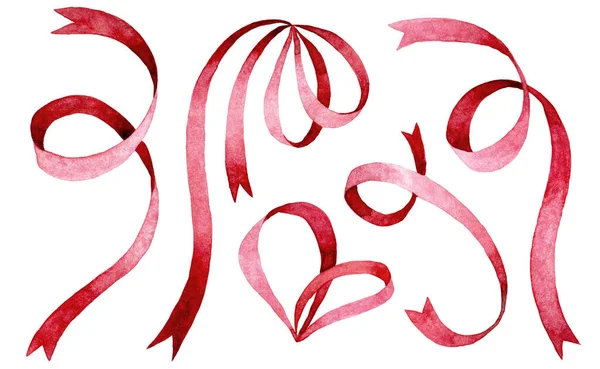Σχέδιο Ακουαρέλα Σετ Από Εορταστικές Ροζ Κορδέλες Και Φιόγκους Τέχνη — Φωτογραφία Αρχείου